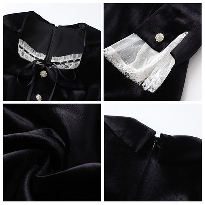 Premium super good-looking velvet dress autumn  new cuff splicing lace medium and long skirt M9170