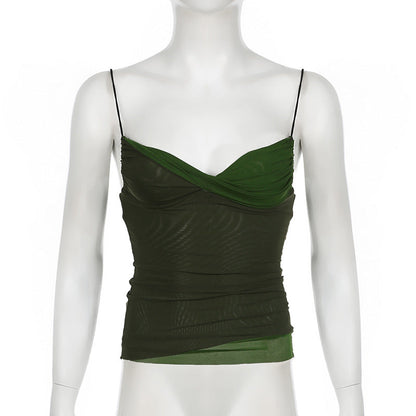qgtao dream clothes Millennium Hot Girl Style Retro Green Mesh Stitching Camisole Ins Fresh Contrast Color V-neck Slim Top for Women