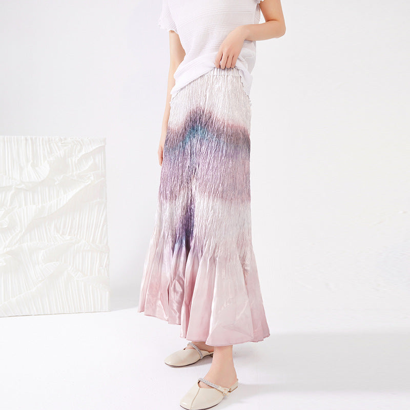 Folded skirt women's summer new spot wholesale high waist three house gradual change fishtail skirt swing long pleated skirt