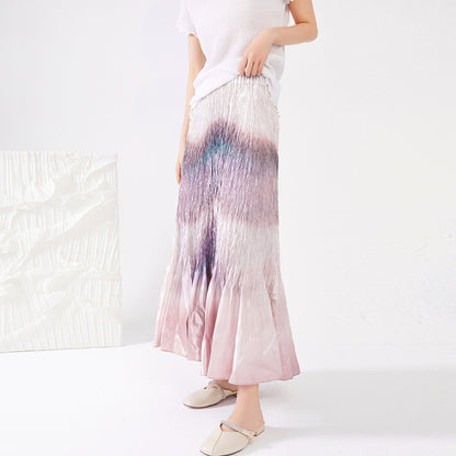 Folded skirt women's summer new spot wholesale high waist three house gradual change fishtail skirt swing long pleated skirt