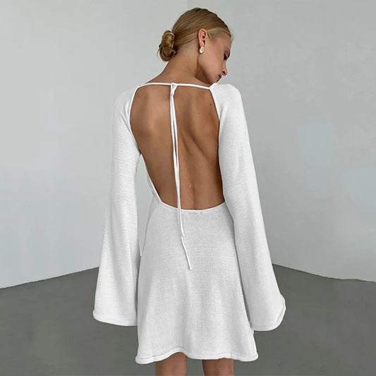 2025 new sexy backless dress for women, New horn sleeves loose beach vacation dress for women