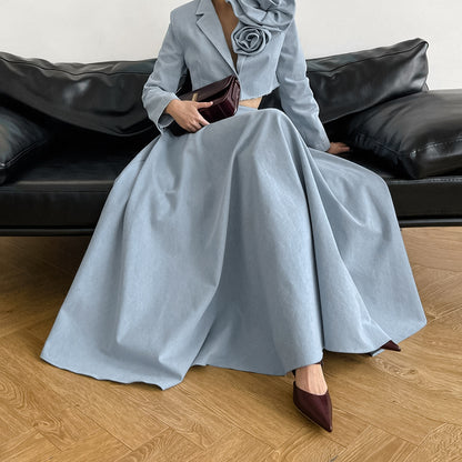 2025 spring and summer high temperament blue high waist versatile cotton and linen skirt  new fashion versatile long dress women