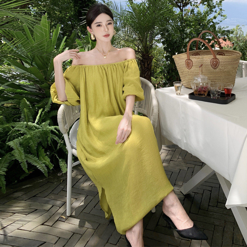 2025 One-word shoulder tube top dress women's summer coffee break  bubble sleeves loose and thin seaside vacation fairy long dress