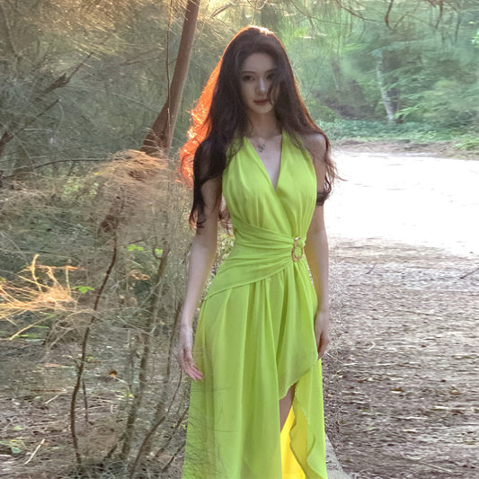 2025 Thai Spice Girl pleated neck skirt high split dress backless long dress evening dress Sanya vacation photo skirt