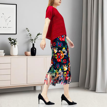 hot-selling women's summer suit two-piece set small retro printed fringed skirt high-end T-shirt