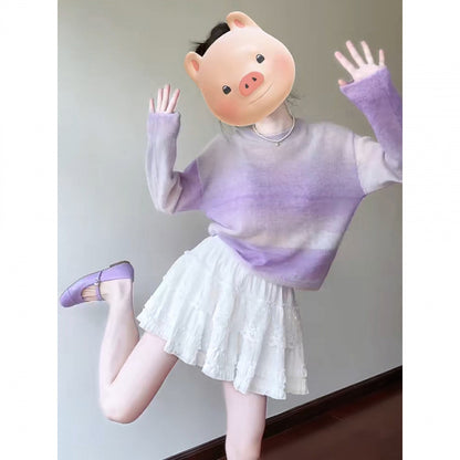 Korean gradual change purple round neck long-sleeved knitted sweater women 2025 spring gentle sweet Popular age reduction chic suit