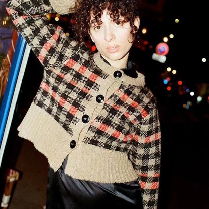 2025 24 autumn and winter new cardigan jacket women's top wool-blend long-sleeved round neck plaid knitted jacket women 31533