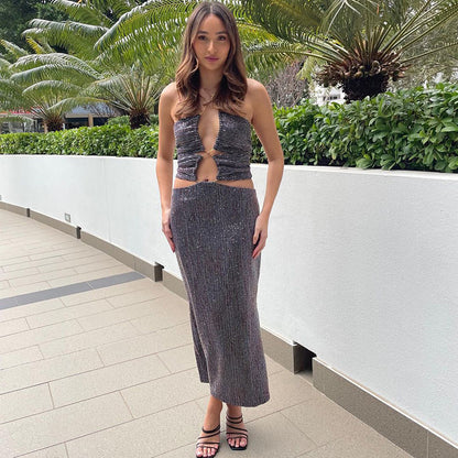 2025  style hot-selling sexy babes hollowed out tight A-shaped skirt, backless neck sequined dress autumn women