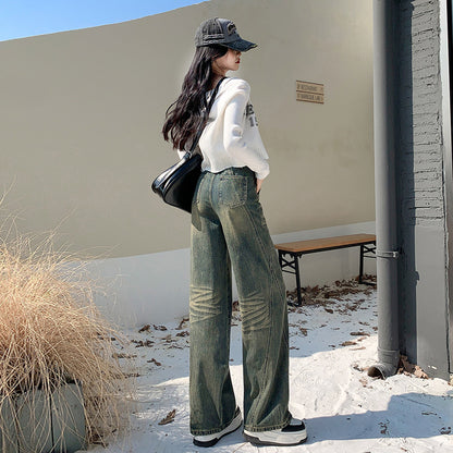 2025 Salt fried street pants nostalgic blue jeans women's high waist and thin design sense small wide leg floor pants