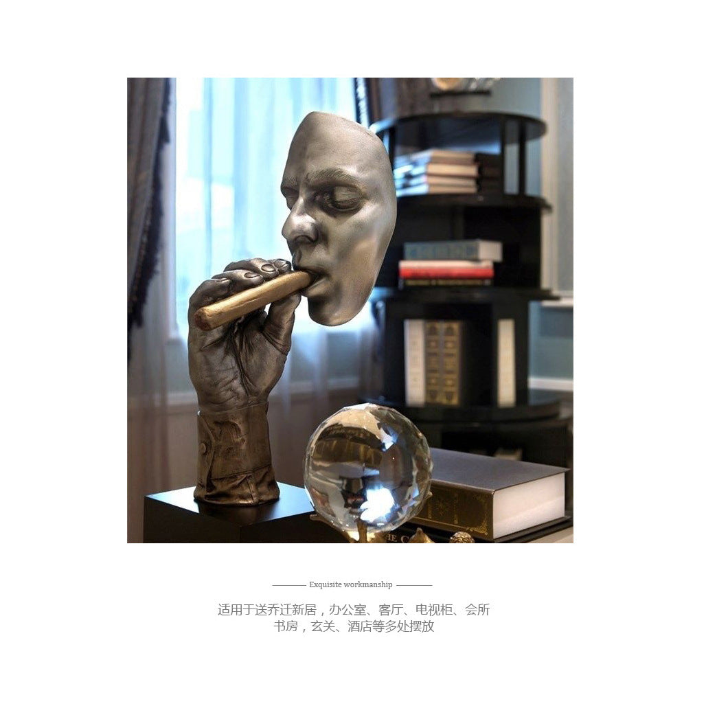 qgtao  Retro editators Abstract Sculpture an Smoking Cigar Creative Face Statue Character Resin Figurine Artwork Home Decorations