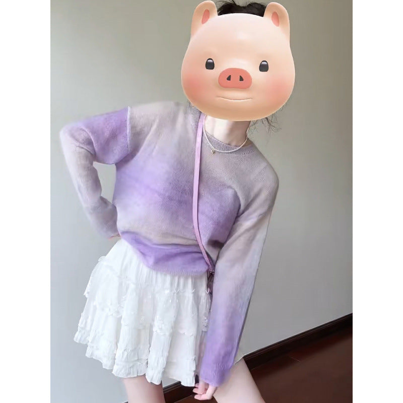 Korean gradual change purple round neck long-sleeved knitted sweater women 2025 spring gentle sweet Popular age reduction chic suit