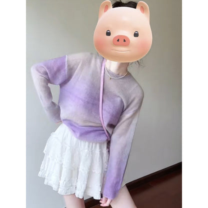 Korean gradual change purple round neck long-sleeved knitted sweater women 2025 spring gentle sweet Popular age reduction chic suit