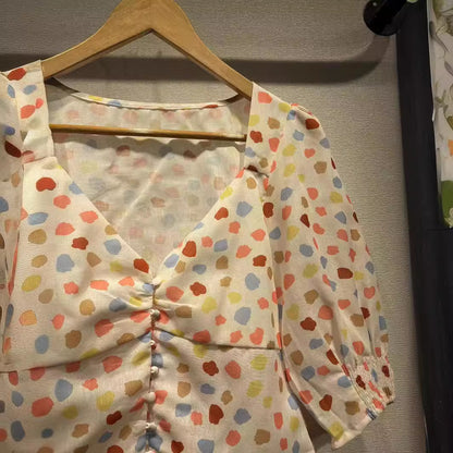 2025 RIpopular Spring and Summer New Linen Polka Dot Printed Peach Heart Low Neck V-Neck Bubble Sleeve Shirt Classic Shirt 31408