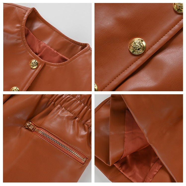 autumn and winter new  retro brown leather jacket women's fashion short waist locomotive PU leather jacket K9003