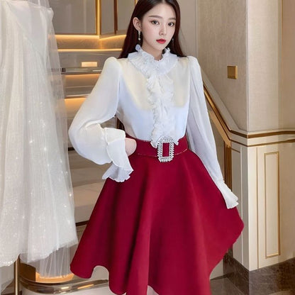 Autumn new small suit skirt court style white shirt high waist umbrella skirt fluffy skirt two-piece set K8080