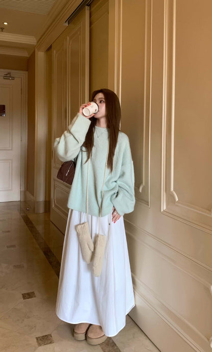 qgtao  New Autumn and Winter Loose Skin-Friendly Solid Color round Neck Knitted Lazy Outer Wear Pullover Thickened Soft Glutinous Sweater for Women