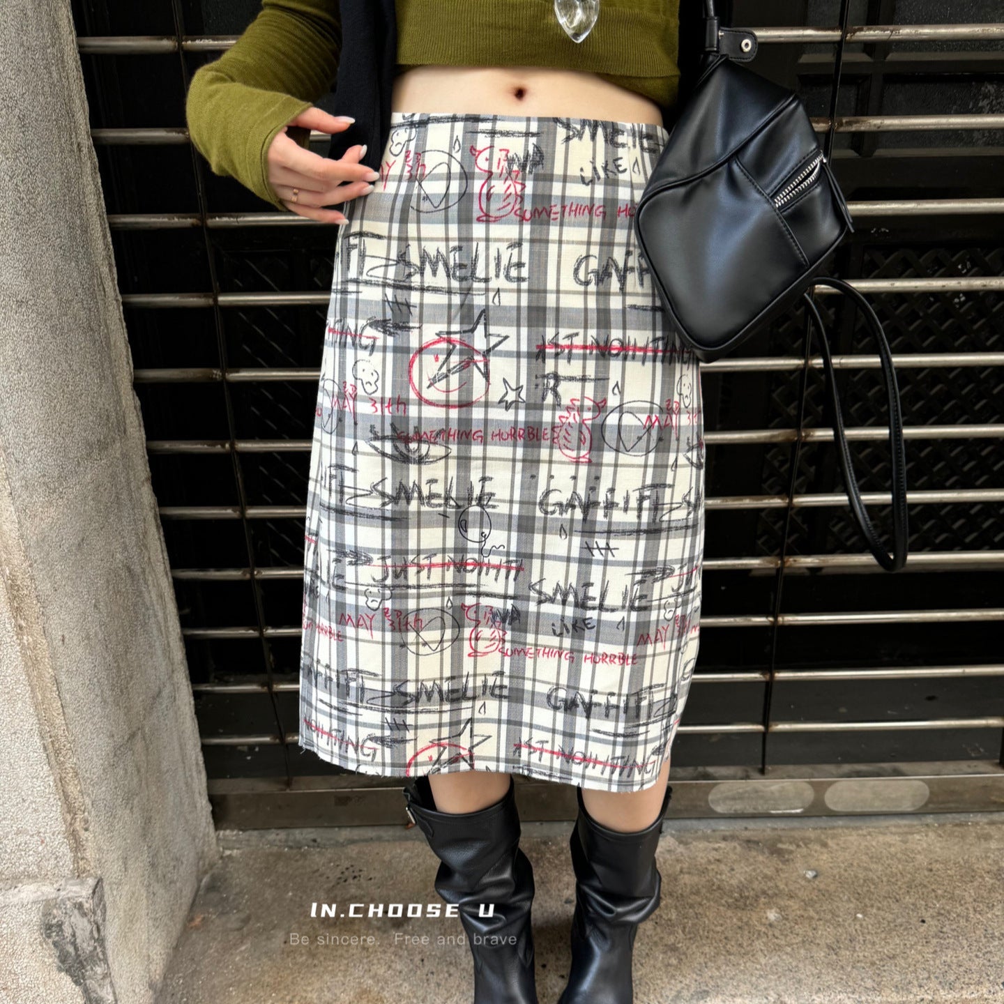 qgtao jorts mens outfits 2024 Autumn and Winter Urban Commuter Retro Slimming Thick Composite Graffiti Printed Plaid Midi Dress