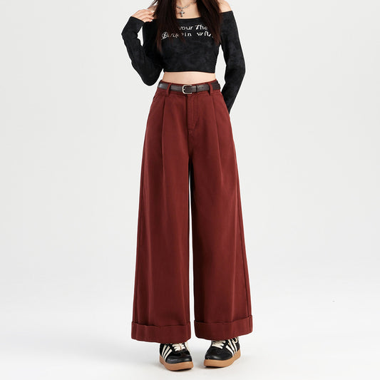 2025 straight dyeing popular autumn new angora red curled jeans women's high waist and thin wide-leg denim