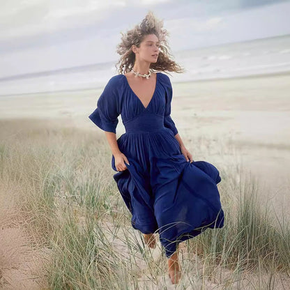 qgtao pop culture dress to impress New Solid Color Long Fashion Sexy V-neck Tight Waist Fashion Snow Chiffon Dress