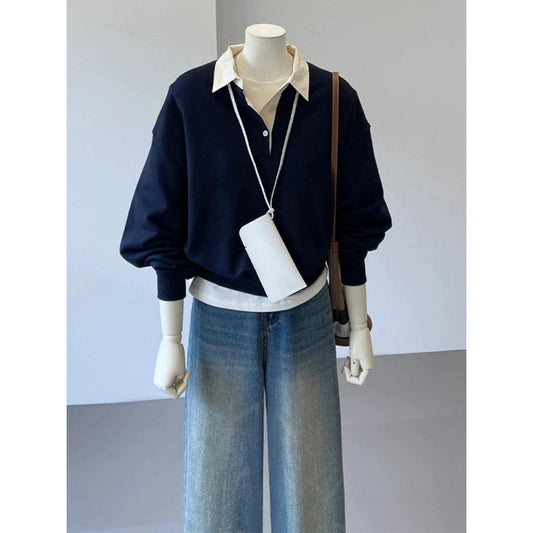 2025 spring clothing new college style contrasting color shirt neckline loose pullover sweater women
