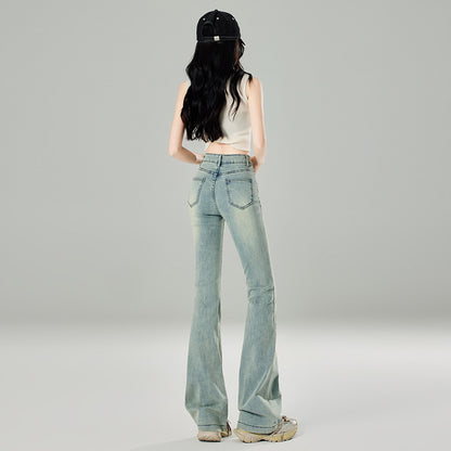 2025 Light blue micro-horn jeans women's popular summer and autumn new high-waisted retro design horseshoe horn pants