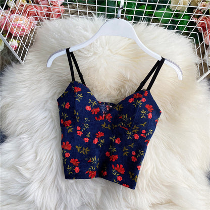 qgtao outfit inspo Small Floral V-neck Short Sexy Tube Top off-the-Shoulder Slim Inner Strap Sleeveless Wrapped Chest Vest Outer Top for Women