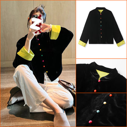 autumn new national style new Chinese unique jelly bean buckle design velvet mulberry silk jacket women M9132