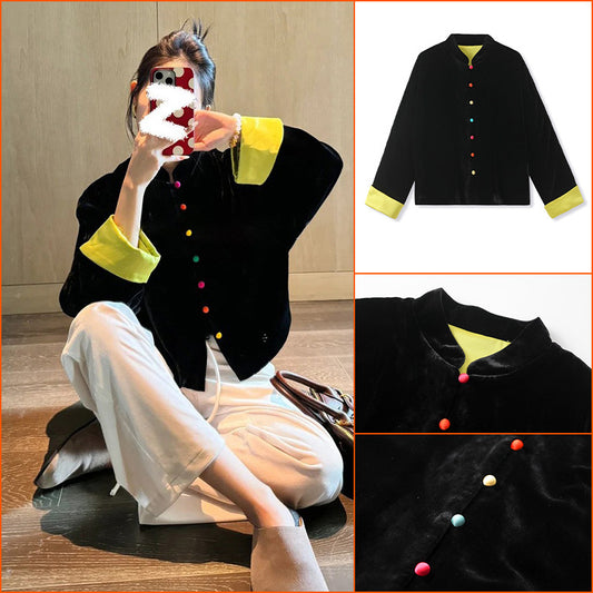 autumn new national style new Chinese unique jelly bean buckle design velvet mulberry silk jacket women M9132