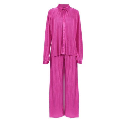 2025 popular autumn and winter new long-sleeved lapel pleated shirt women's wide-leg mopping floor drape pleated trousers set solid color