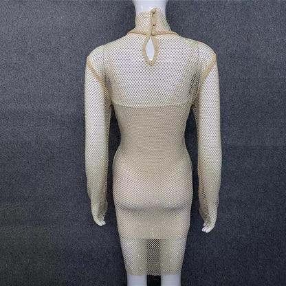 qgtao avant garde dress to impress Sexy Turtleneck Hot Drilling AB Color Diamond Shiny Perspective Grid Dress New Party Dress