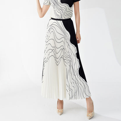 skirt a word female drape high sense elastic waist wavy pattern loose fashion temperament versatile pleated skirt