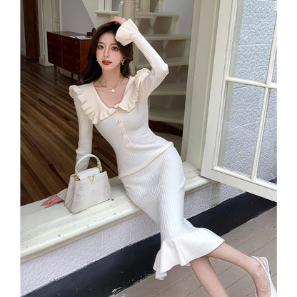 ruffle edge long-sleeved knitted dress women's small fragrance retro temperament lady hip-wrapped fishtail sweater skirt