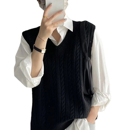 qgtao Autumn Twist Knitted Vest 2024 Outer Wear Loose Slimming Western Style Korean Style V-neck Top