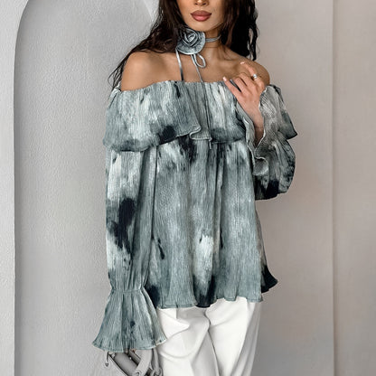 2025 Spring and summer fashion national style flower casual printing crepe one-word collar shirt  lace-up loose horn sleeve top