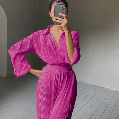 2025 popular autumn and winter new long-sleeved lapel pleated shirt women's wide-leg mopping floor drape pleated trousers set solid color