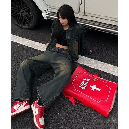 qgtao y2k Spring and Autumn New Jeans Women's American Retro Loose Wide-Leg Pants Denim Casual Fashion Trousers