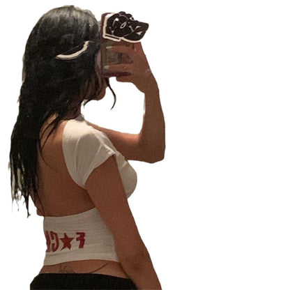 qgtao  Letter Print Hollowed Backless Top Tight Short Sleeve Navel Half Turtleneck Hot Girl Sexy Women's T-shirt