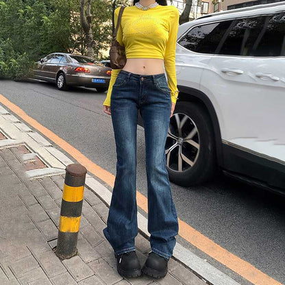 qgtao 2000s fashion American Retro Low Waist Hot Girl Flared Pants Slim Slimming Stretch Jeans Women's Autumn and Winter Trousers Lengthened