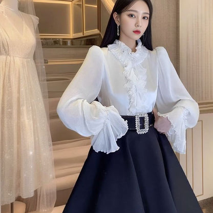 Autumn new small suit skirt court style white shirt high waist umbrella skirt fluffy skirt two-piece set K8080
