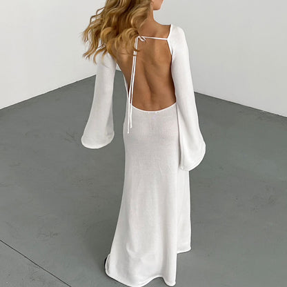 2025 new sexy backless dress for women, New horn sleeves loose beach vacation dress for women