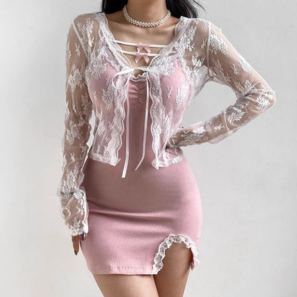 qgtao 90s fashion Retro Lace Jacquard Lace-up Long-Sleeved Cardigan Summer Short Women's Sexy See-through Dress Outer Blouse Top
