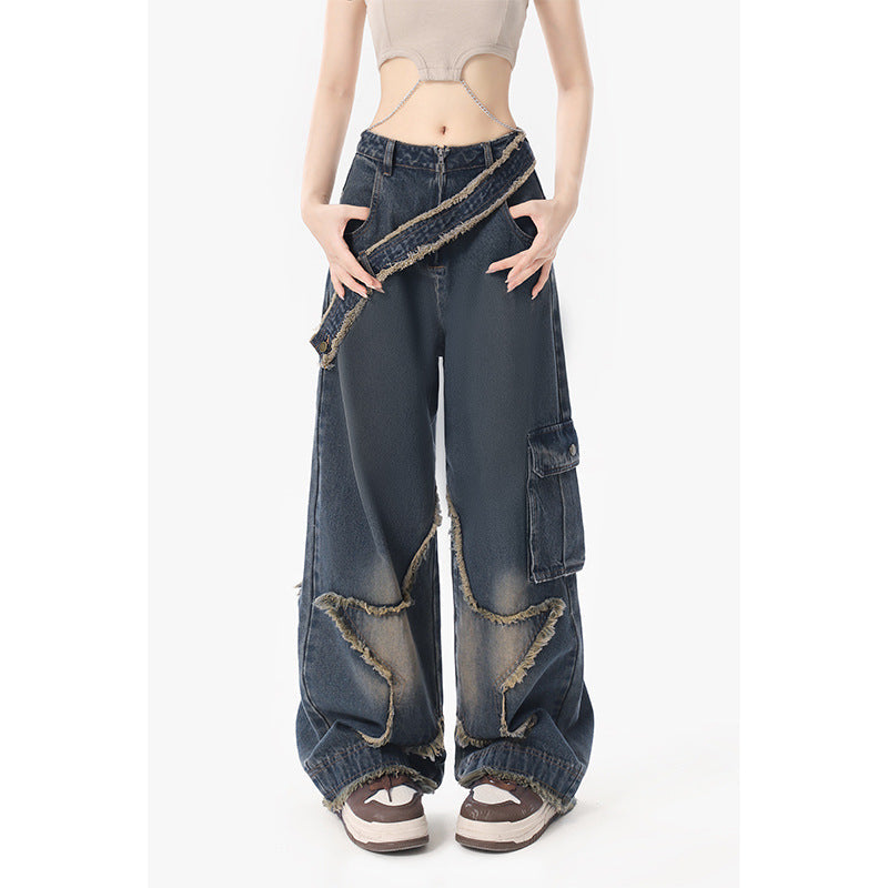 qgtao concert outfit Star Frayed Jeans Women's Autumn and Winter Chubby Girl Slimming Retro Small Straight Wide Leg Long Pants