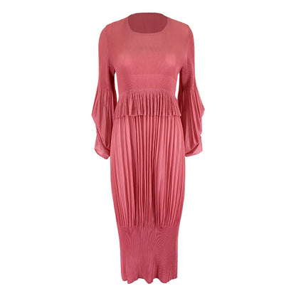 2025 spring simple design girly feeling fresh and sweet pleated bubble sleeves lantern dress dress dress medium and long dress women