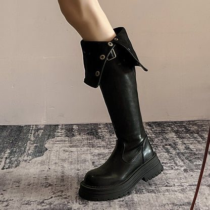 2025  Black retro British style thick heel platform boots women's popular autumn and winter new boots tall and thin knight boots