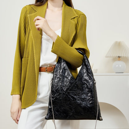 2025 Triangle pleated bag versatile large capacity underarm bag  retro tote bag first layer cowhide shoulder bag