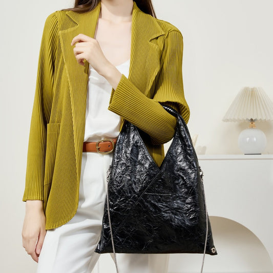 2025 Triangle pleated bag versatile large capacity underarm bag  retro tote bag first layer cowhide shoulder bag