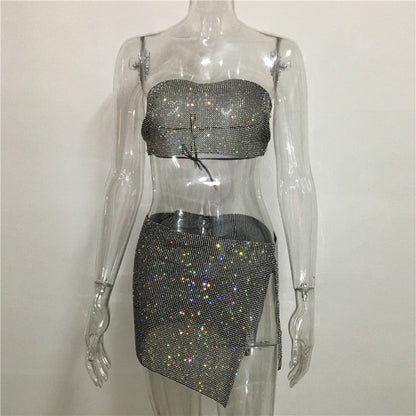 qgtao dti outfits Fashion Nightclub Women's Personalized Rhinestone Metal Tube Top Skirt Suit Hot Girl Flash Diamond Top