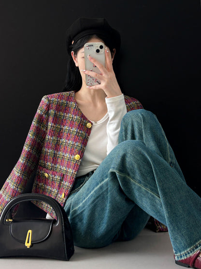 2025 , artistic atmosphere popular autumn Korean temperament high-grade plaid woven wind small fragrant short jacket 908