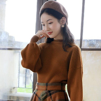 qgtao skater boy outfits Half Turtleneck Brown Lantern Long Sleeve Sweater + Plaid Woolen Skirt Suit Retro Two-Piece Set