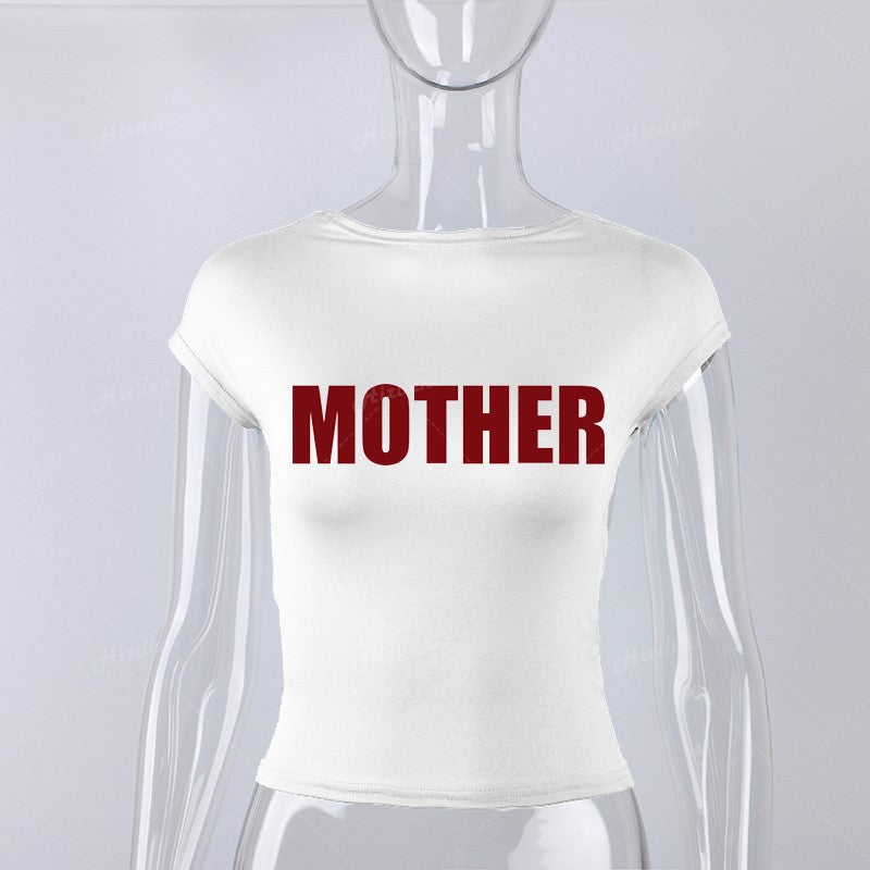 qgtao  Letter Print Hollowed Backless Top Tight Short Sleeve Navel Half Turtleneck Hot Girl Sexy Women's T-shirt